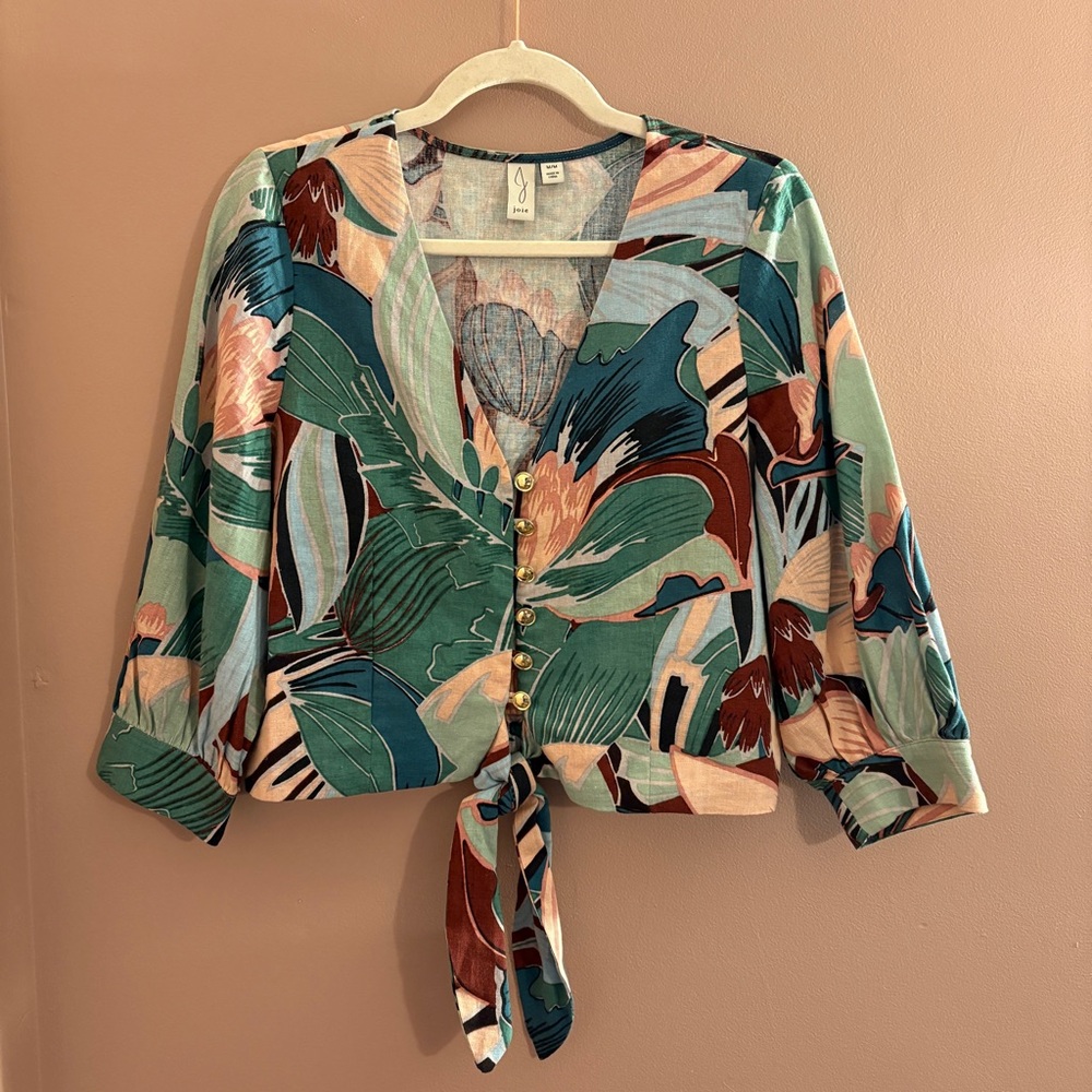 Joie Floral V-Neck Button Down Blouse Linen Rayon Medium Tie Tropical Shirt Top